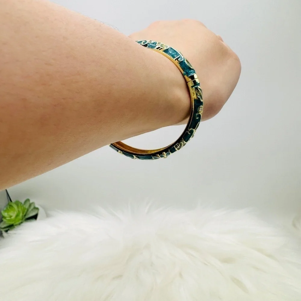 Floral Teal Theme Enamel Hollow Out Cloisonne Bangle